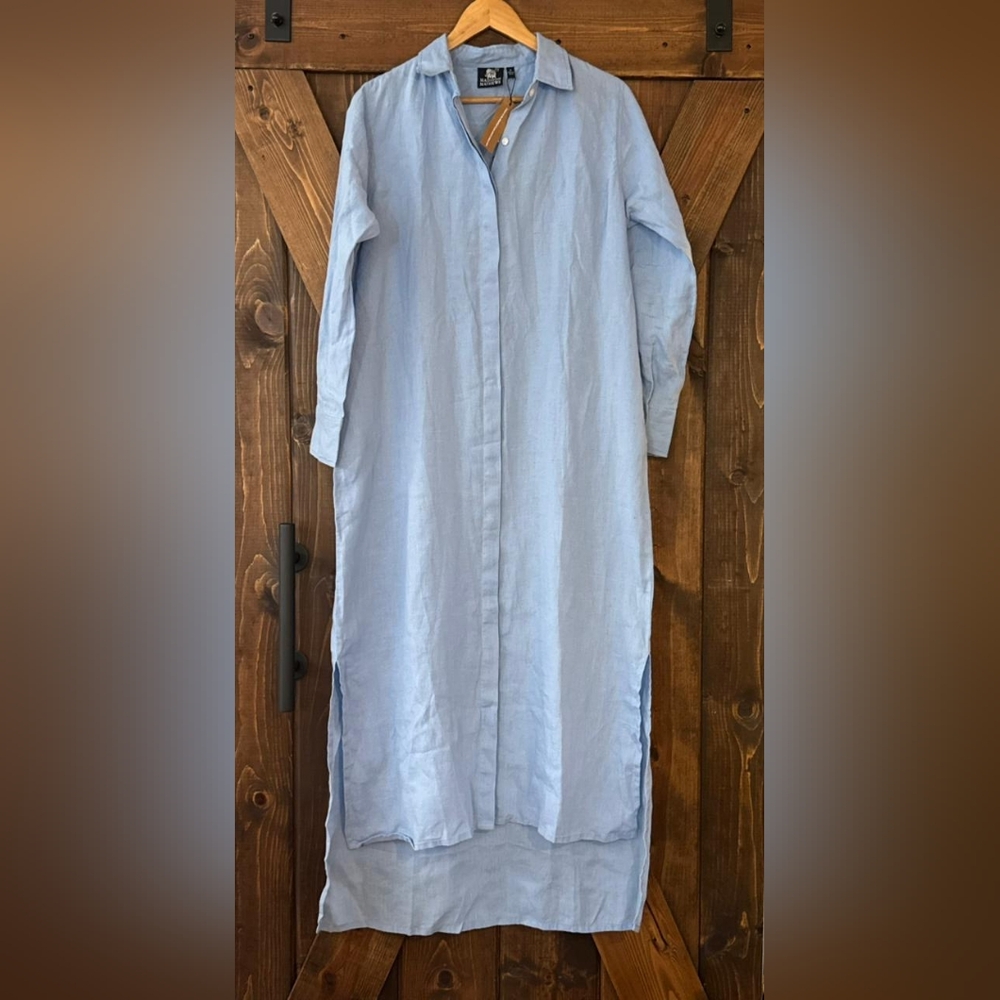 NWT Madison Mathew Light Blue Casual Button-Down Shirt Dress 100% Linen